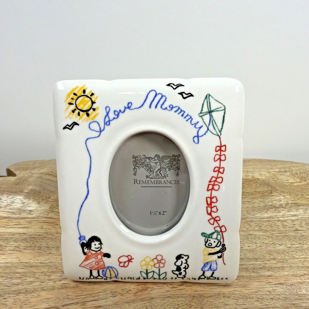 Vintage Remembrances Ceramic Picture Frame I Love Mommy Child Drawing Style Oval
